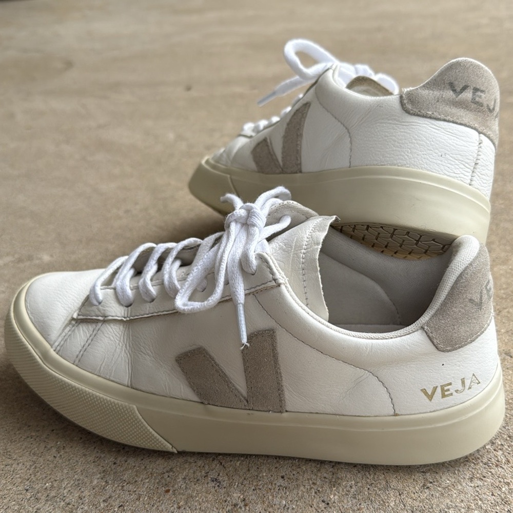 Veja White and Beige V-10 Leather Sneakers